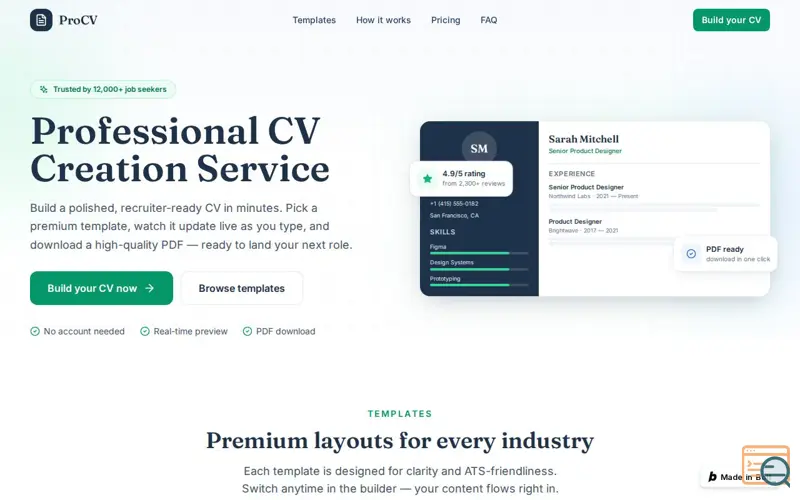 Screenshot of ProCV — Professional CV Creation Service