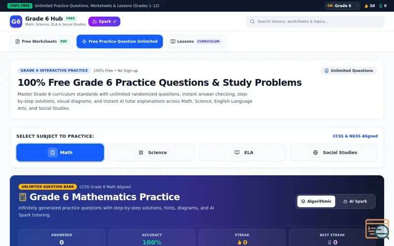 Screenshot of 100% FREE K-12 Unlimited Practice Questions, Printable Worksheets & Lessons | Grades 1 – 12