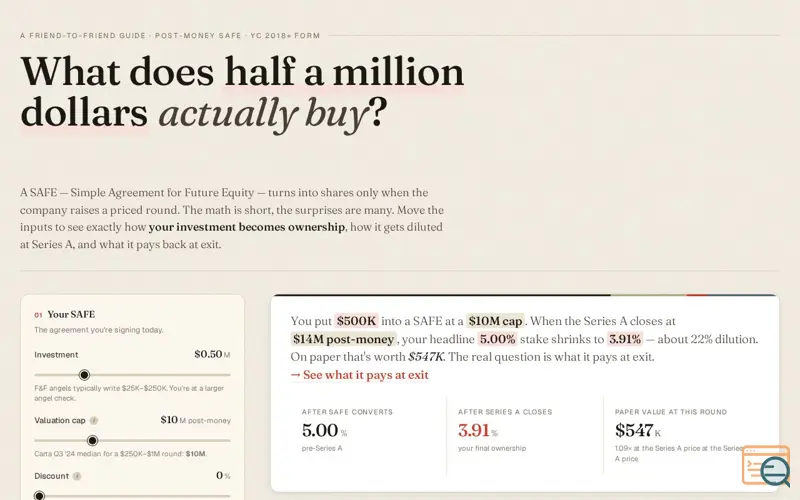 Screenshot of Post-Money SAFE Calculator