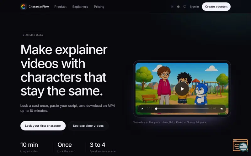 Screenshot of CharacterFlow | AI explainer videos up to 10 minutes with locked characters