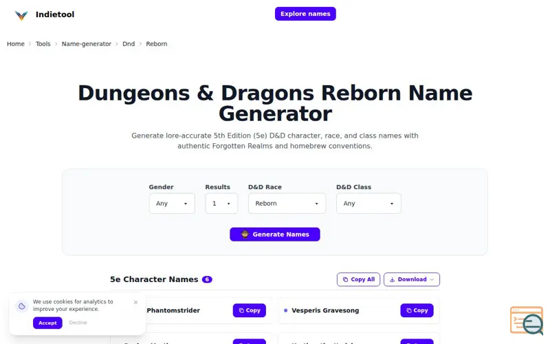 Screenshot of DnD Reborn Name Generator , a launch using CollectYourLead
