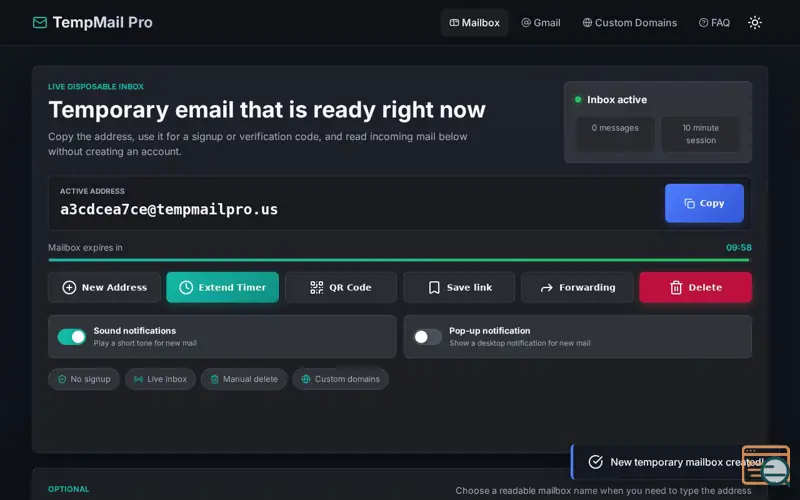 Screenshot of TempMail Pro