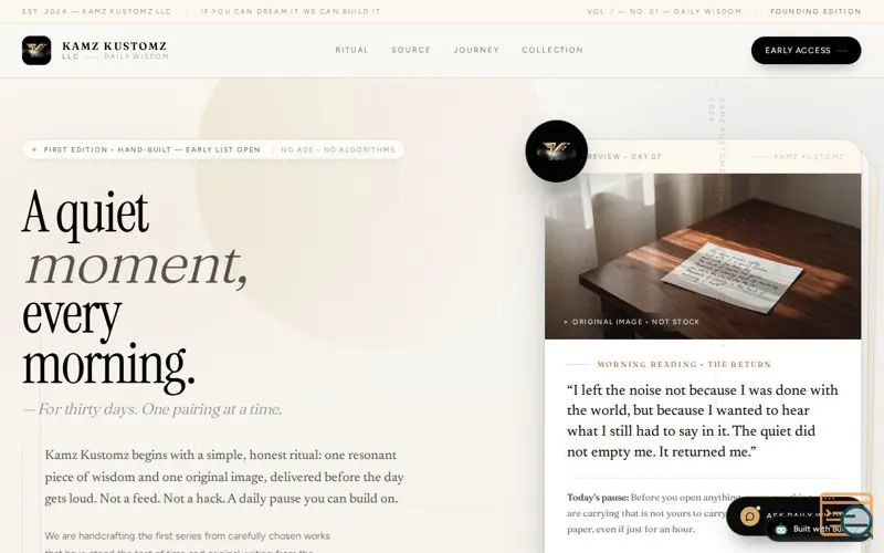 Screenshot of Kamz Kustomz LLC — Daily Wisdom, 30 Days of Poetry and Image, a launch using Superdev