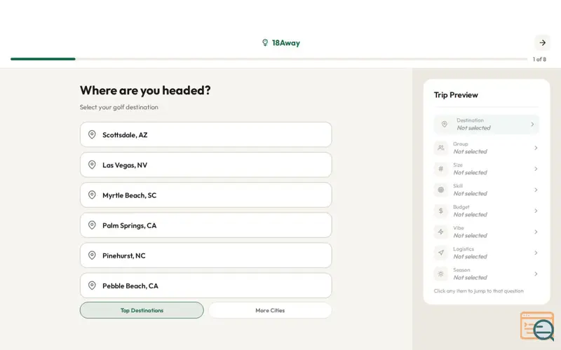 Screenshot of 18Away Trip Builder