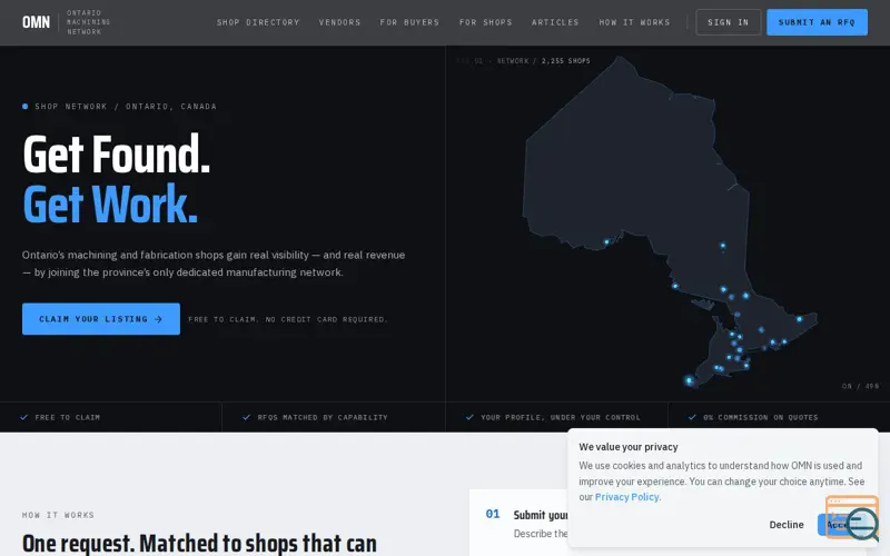 Screenshot of OMN — Ontario Machining Network