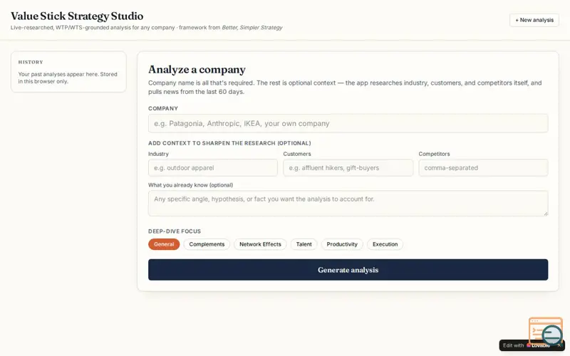 Screenshot of Value Stick Strategy Studio