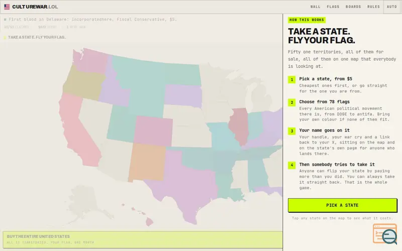 Screenshot of culturewar.lol, pay to own a state