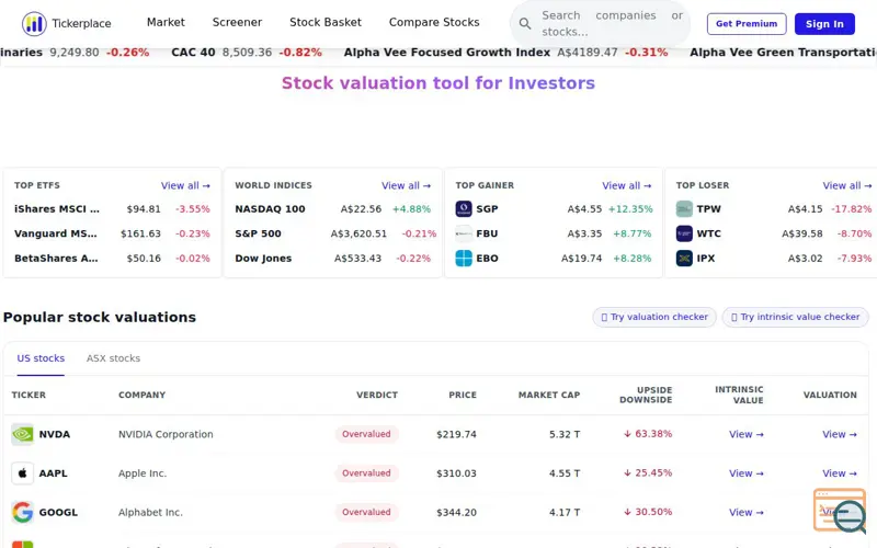 Screenshot of Tickerplace