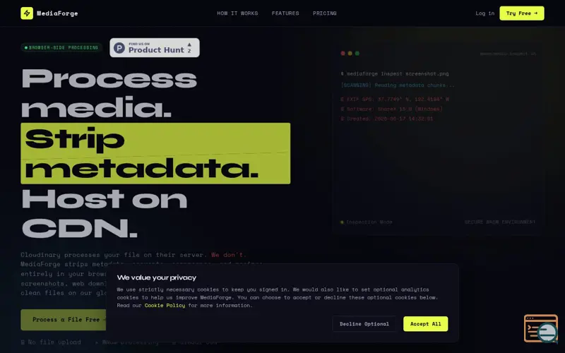 Screenshot of MediaForge — Process media. Strip metadata. Host on CDN., a launch using Forter