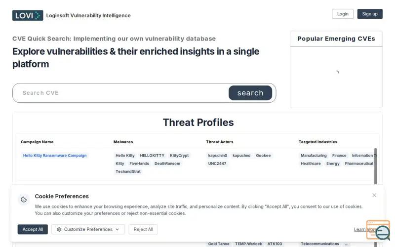 Screenshot of LOVI - Vulnerability Intelligence, a launch using Clickagy