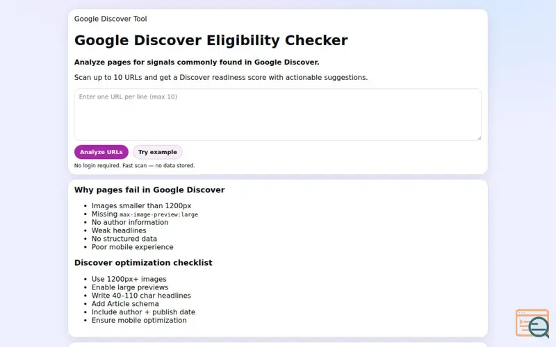 Screenshot of Google Discover Checker