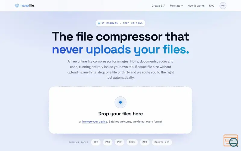 Screenshot of Free File Compressor: Compress Any File in Your Browser | nanofile