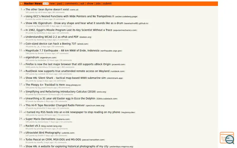 Screenshot of HN Without AI Stories