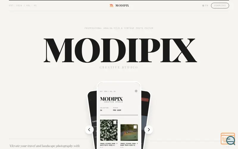 Screenshot of Modipix — Vintage Film & LUTs