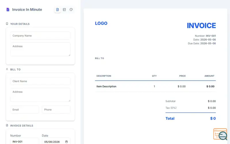 Screenshot of Invoice In Minute