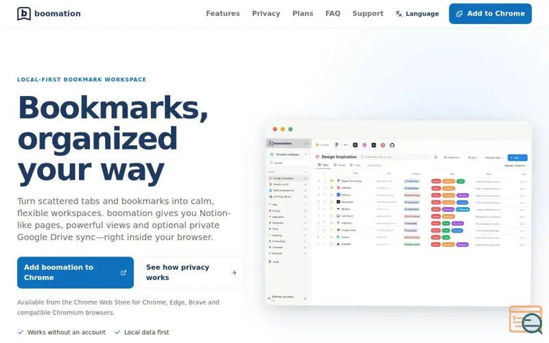 Screenshot of boomation — Bookmarks, organized your way