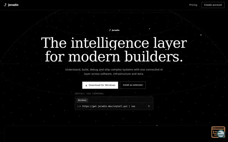 Screenshot of Jeradin — From idea to production. One intelligence layer.