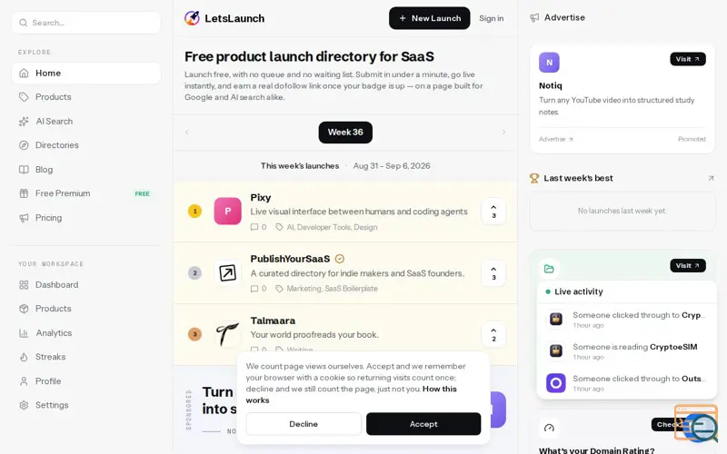 Screenshot of LetsLaunch, a launch using CodeHype