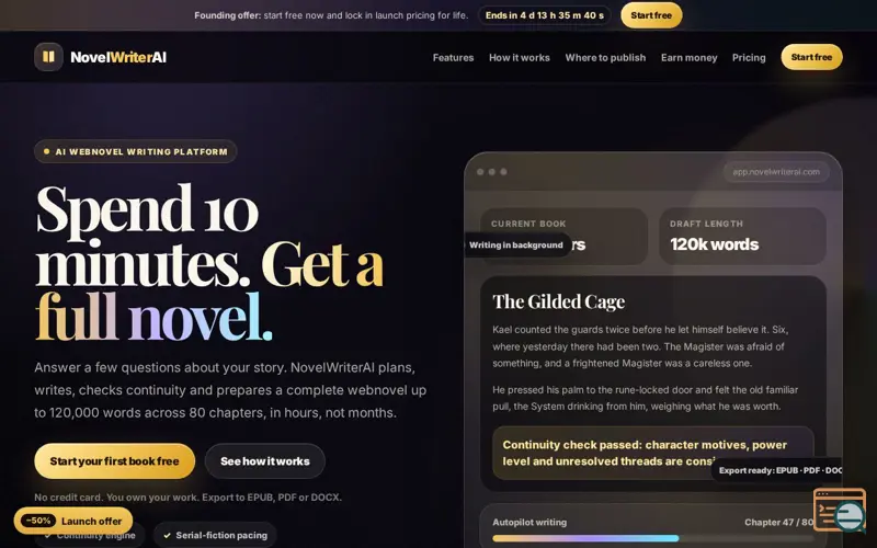 Screenshot of NovelWriterAI
