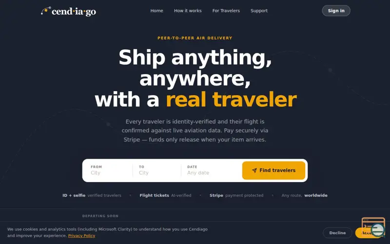 Screenshot of Cendiago — Send anywhere. Earn anywhere.