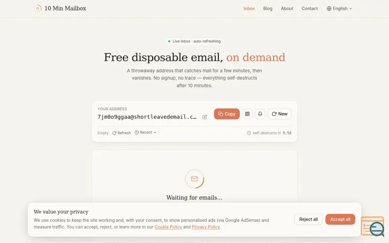 Screenshot of 10 Min Mailbox
