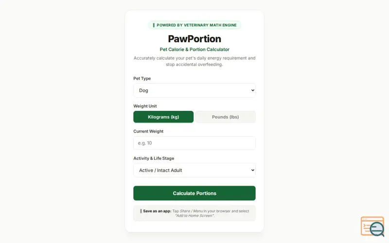 Screenshot of PawPortion — Pet Calorie Calculator
