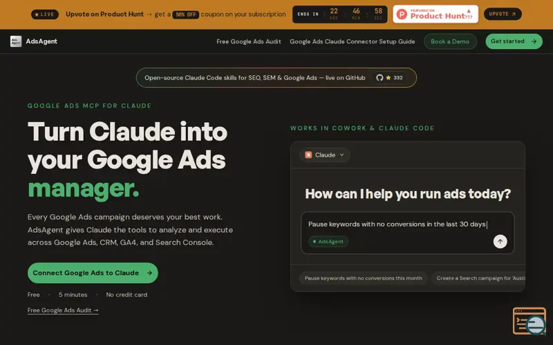 Screenshot of AdsAgent - Google Ads Claude Connector