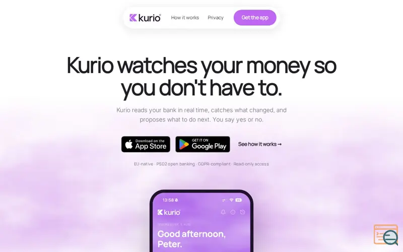 Screenshot of Kurio: AI Money Assistant, a launch using Web Font Loader