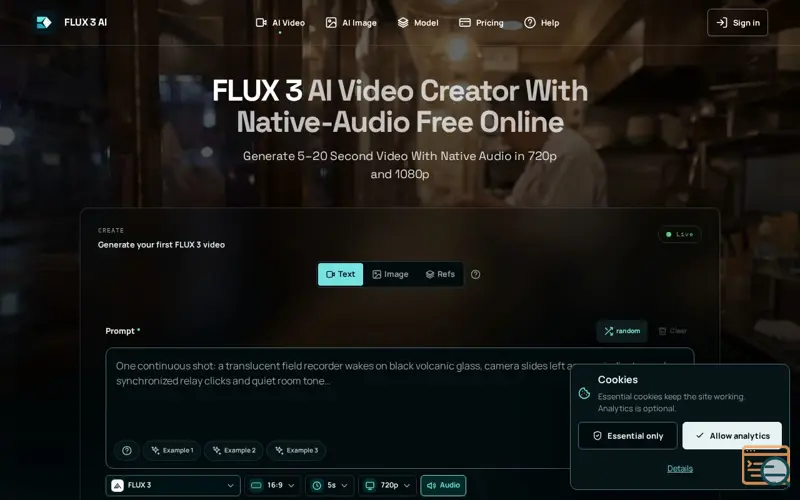 Screenshot of FLUX 3 AI Video Creator — Text and Image to Video and Extend Video