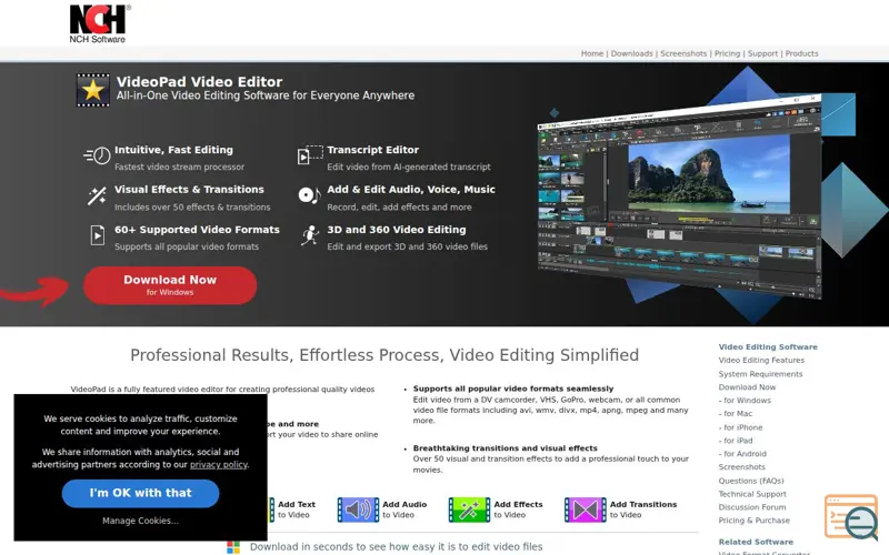 Screenshot of VideoPad Video Editor, a launch using DNSMadeEasy