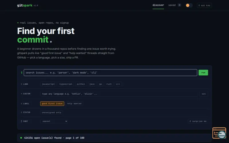Screenshot of gitspark — find your first commit