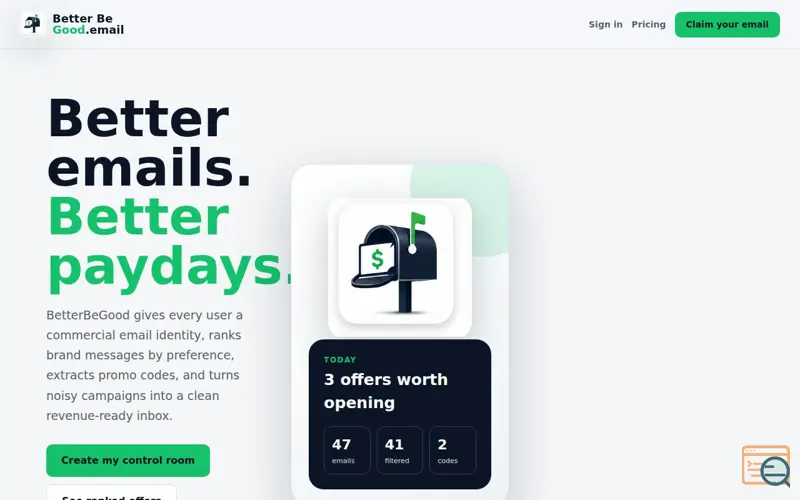 Screenshot of Better Be Good.email, a launch using Facebook SDK