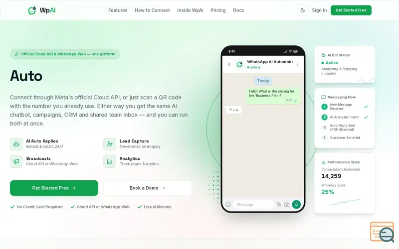 Screenshot of WpAi — Official Meta WhatsApp API Automation, AI Chatbots & Broadcasts