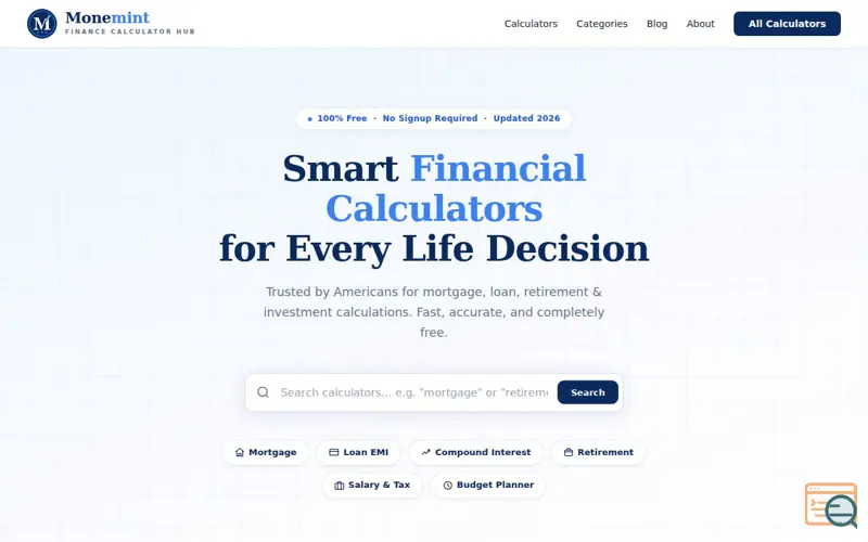 Screenshot of Monemint — Free Financial Calculators | Finance Calculator Hub