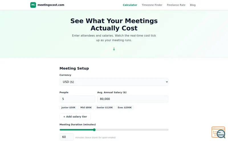 Screenshot of Meeting Cost Calculator