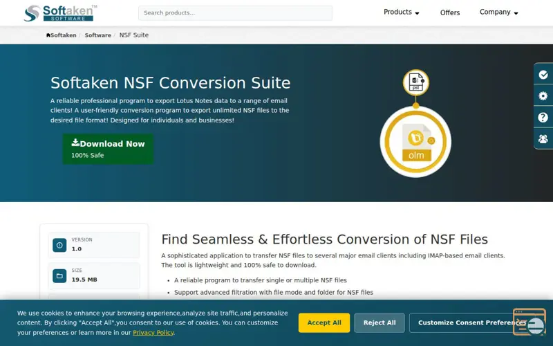 Screenshot of Softaken NSF Conversion Suite , a launch using JustHost Email