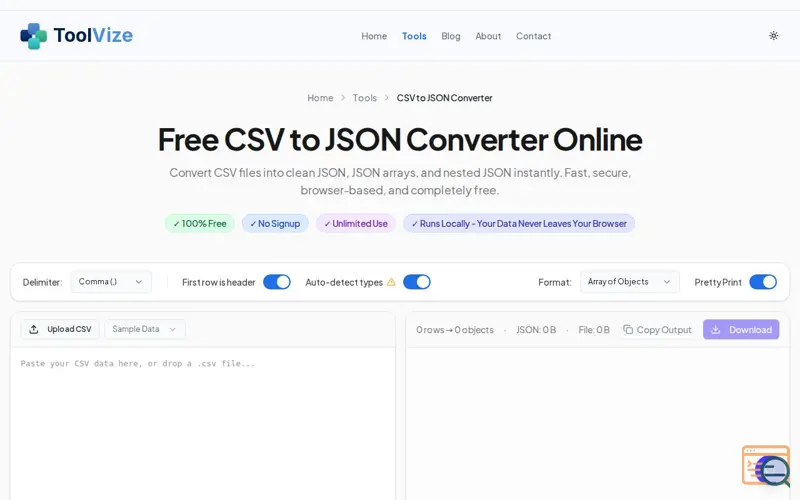 Screenshot of CSV to JSON Converter by ToolVize