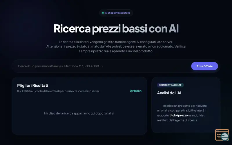 Screenshot of Ricerca prezzi bassi con AI