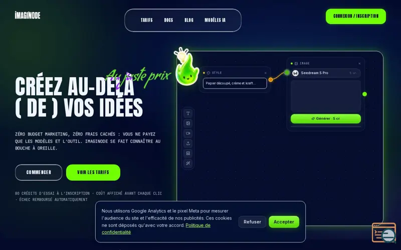 Screenshot of Imaginode : générateur d'images et vidéos IA sur canvas à nodes