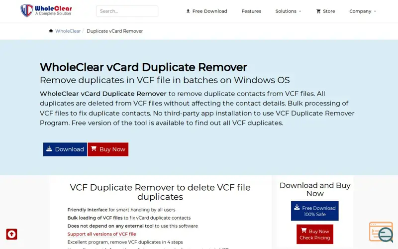 Screenshot of WholeClear vCard Duplicate Remover, a launch using JustHost DNS
