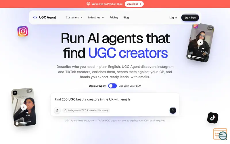 Screenshot of UGC Agent - Run AI agents that Find UGC creators, a launch using Lite Analytics