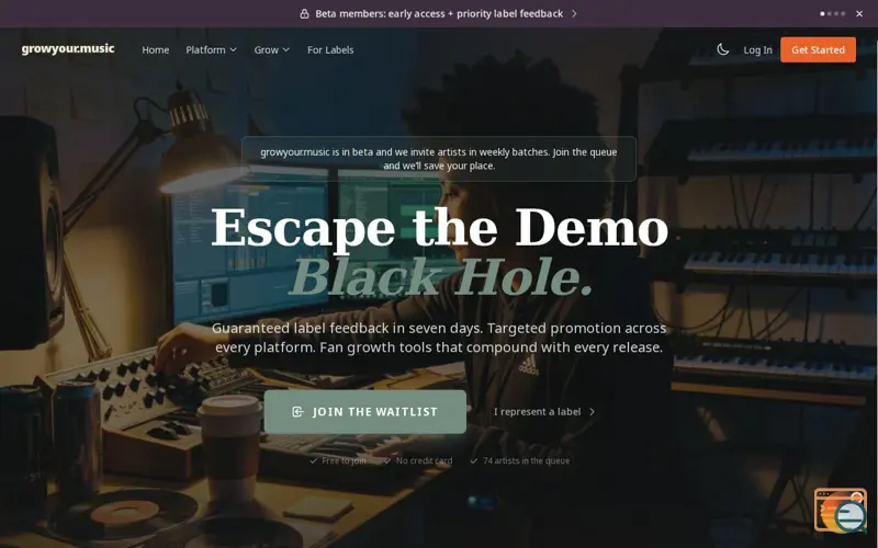 Screenshot of growyour.music, a launch using Vimeo