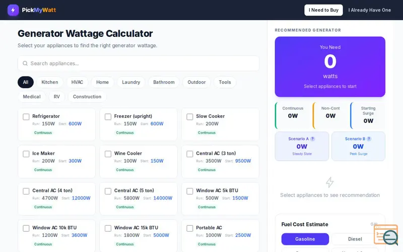 Screenshot of PickMyWatt - Generator Wattage Calculator