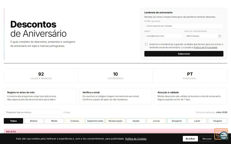 Screenshot of Descontos de Aniversário em Portugal