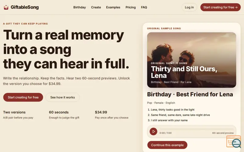 Screenshot of GiftableSong — A gift they can hear in full
