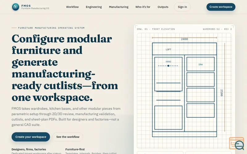 Screenshot of FMOS — Configure modular furniture. Generate the cutlist.