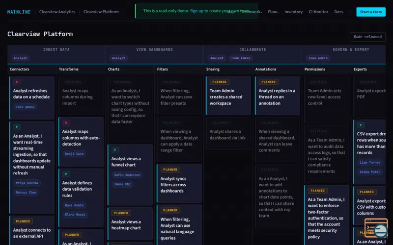Screenshot of Mainline, a launch using GitLab