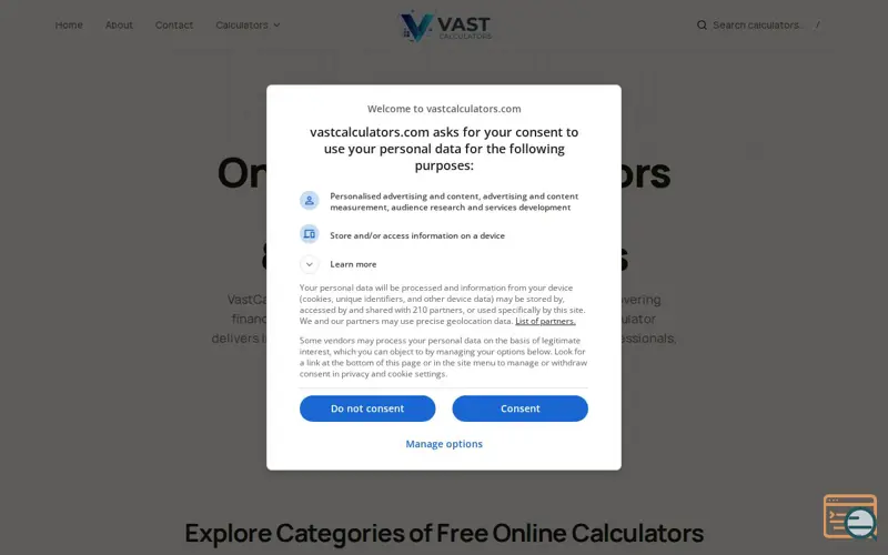 Screenshot of Vast Calculators, a launch using Vercel DNS