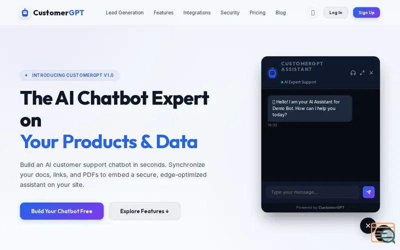 Screenshot of CustomerGPT - Custom AI Customer Support Chatbot Trained on Your Data, a launch using ListMySaaS
