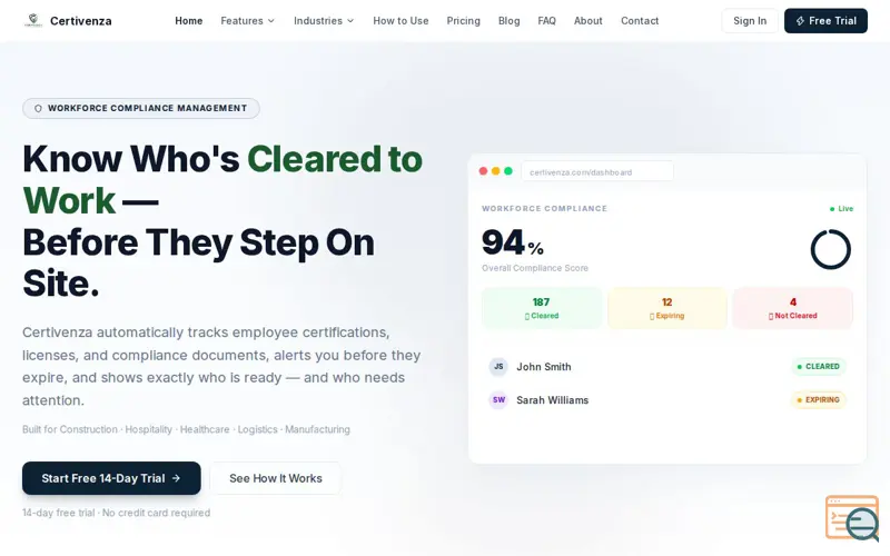 Screenshot of Certivenza — Employee Certification & Right-to-Work Tracker